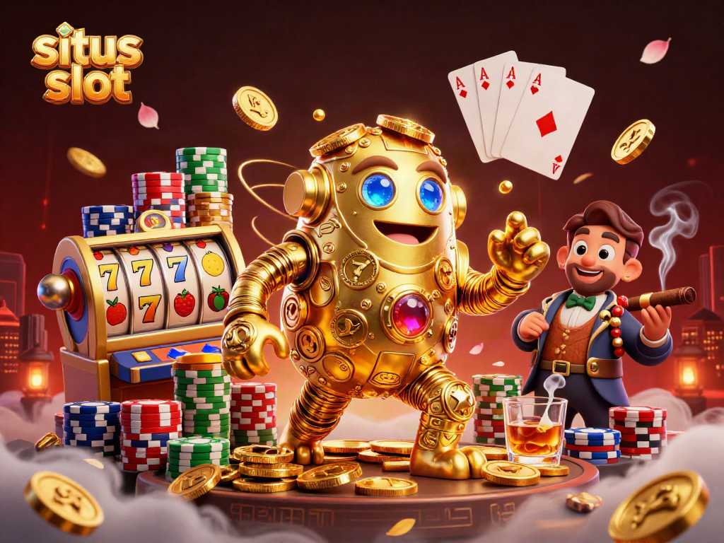 Experience situs slot excitement with a golden golem and vibrant game elements in a detailed scene.
