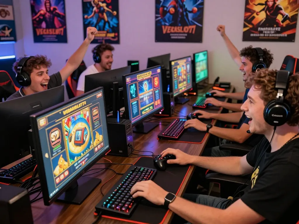 Friends enjoying online gaming at VEGASSLOT77 with vibrant graphics and accessories.