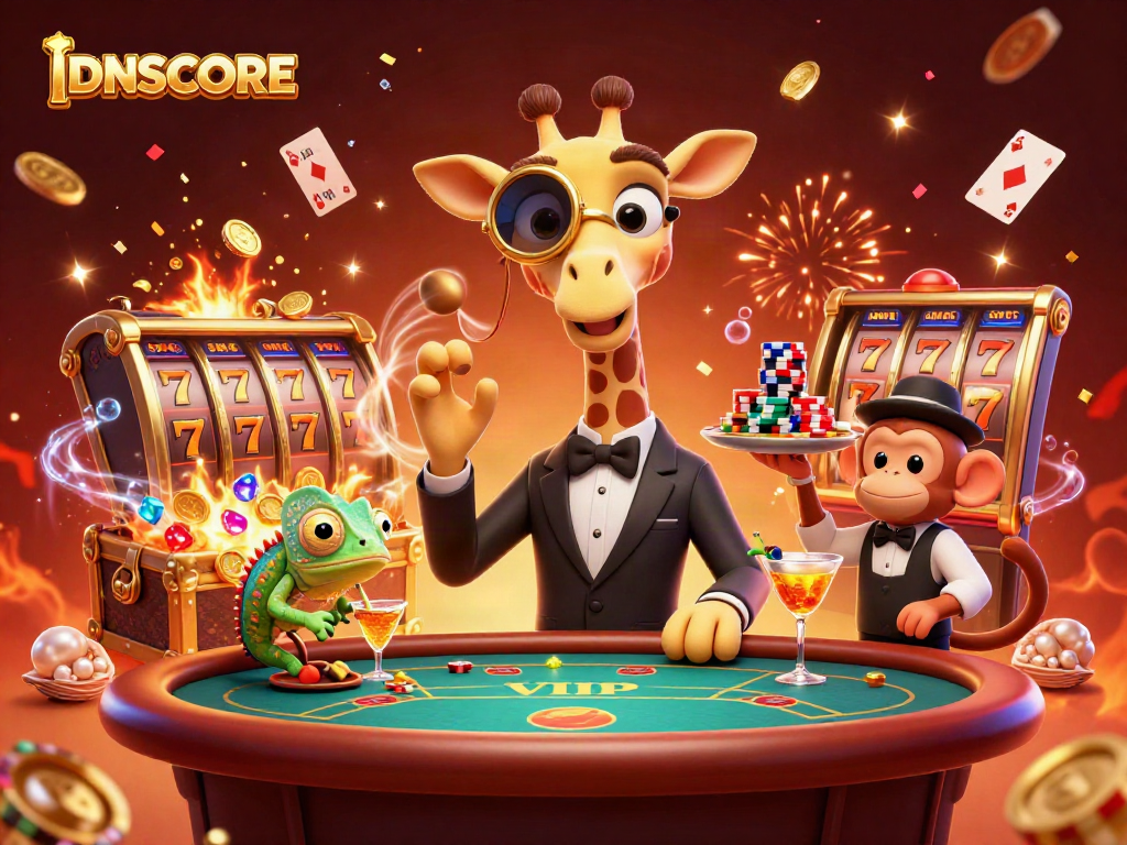 Engaging scene of IDNSCORE featuring a giraffe in a suit, a monkey valet, and a chameleon bartender amidst slot reels and confetti.