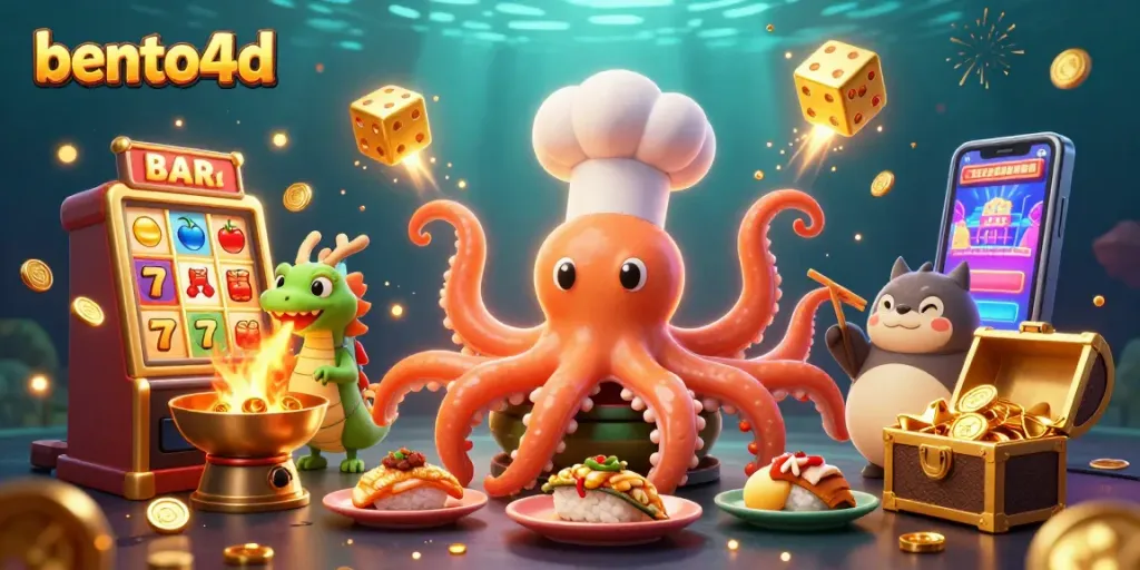 Bento4d visualizes a dynamic gaming scene with a sushi chef octopus and slot machines.