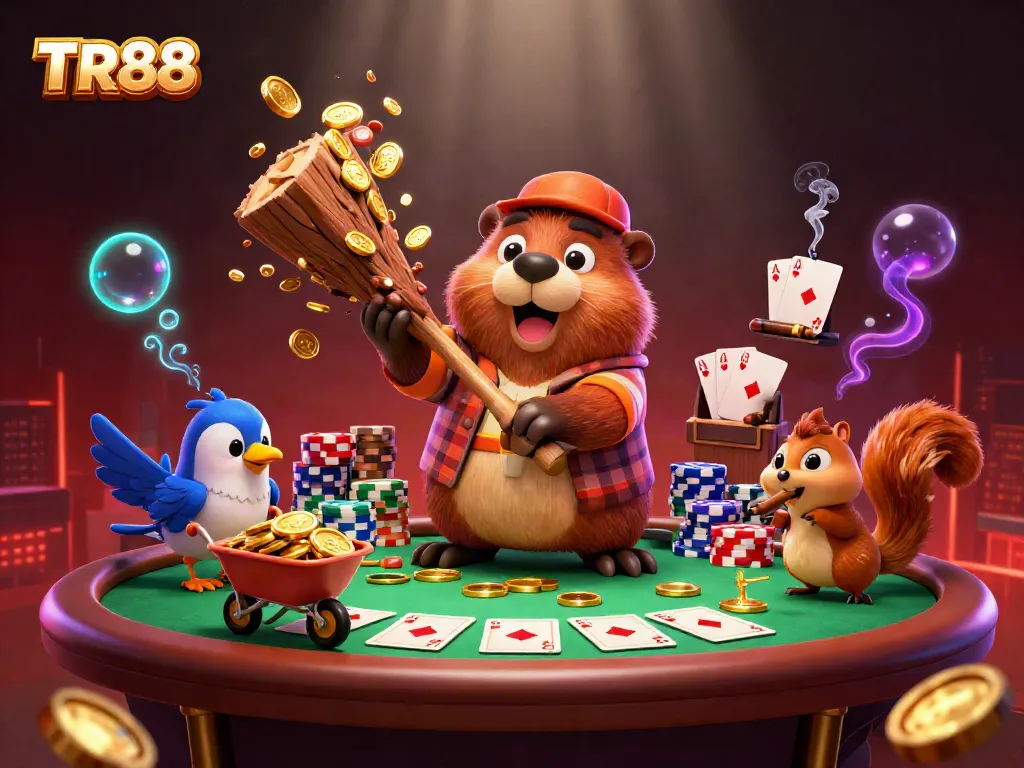Play and win with TR88, a cartoon beaver chops a tree raining golden coins in a colorful gambling scene.