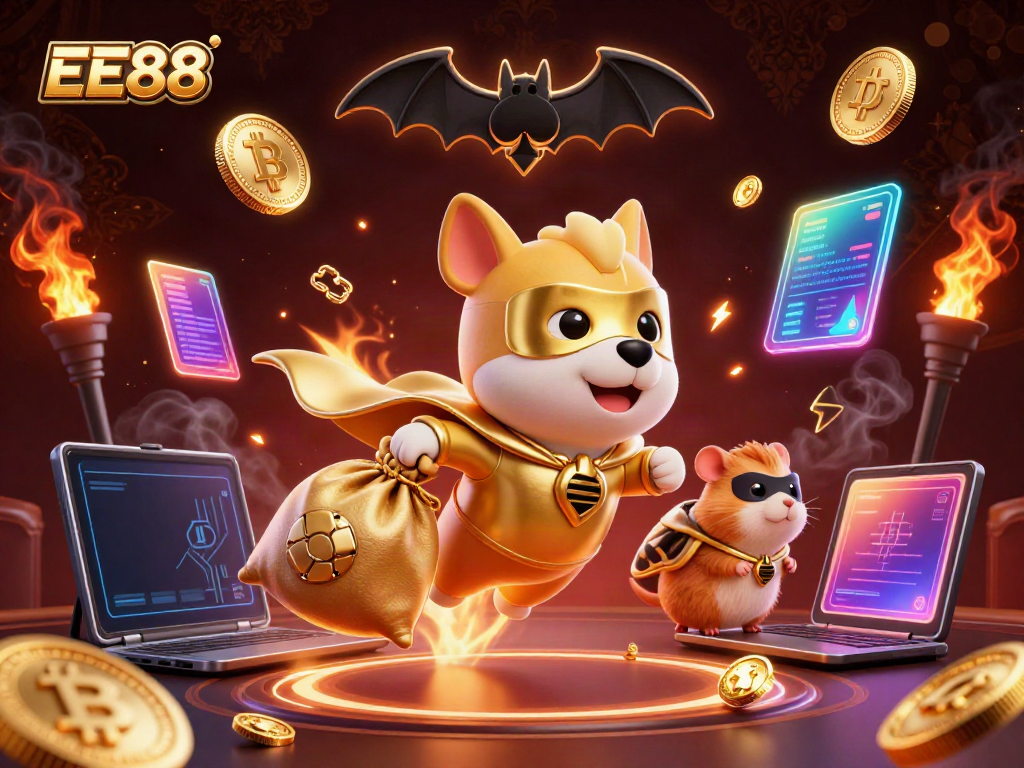 Join the excitement at EE88 with dynamic casino-themed 3D illustration featuring our superhero dog.