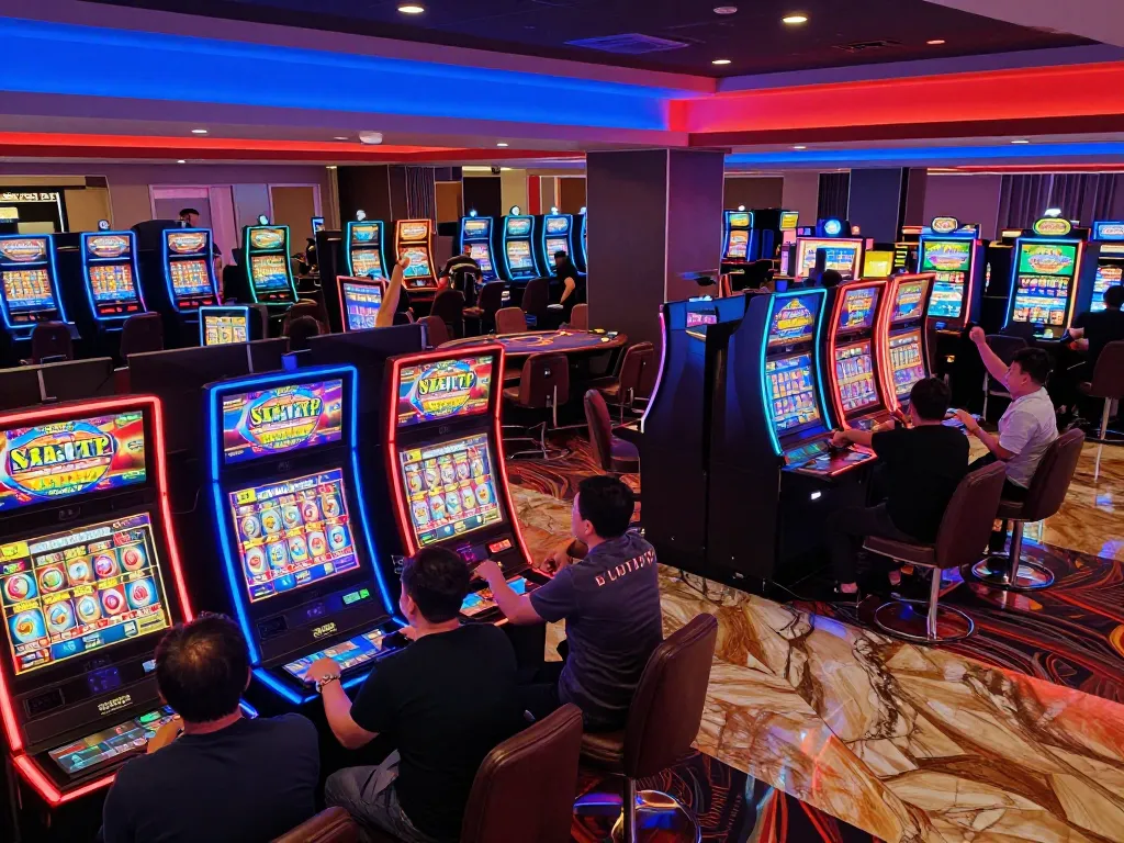 Engaged players celebrating wins at Slot Gacor machines in a bustling casino