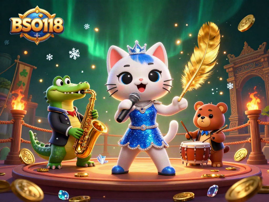 BSO118 captures vibrant casino energy with a jazz cat, crocodile musician, and bear drummer.