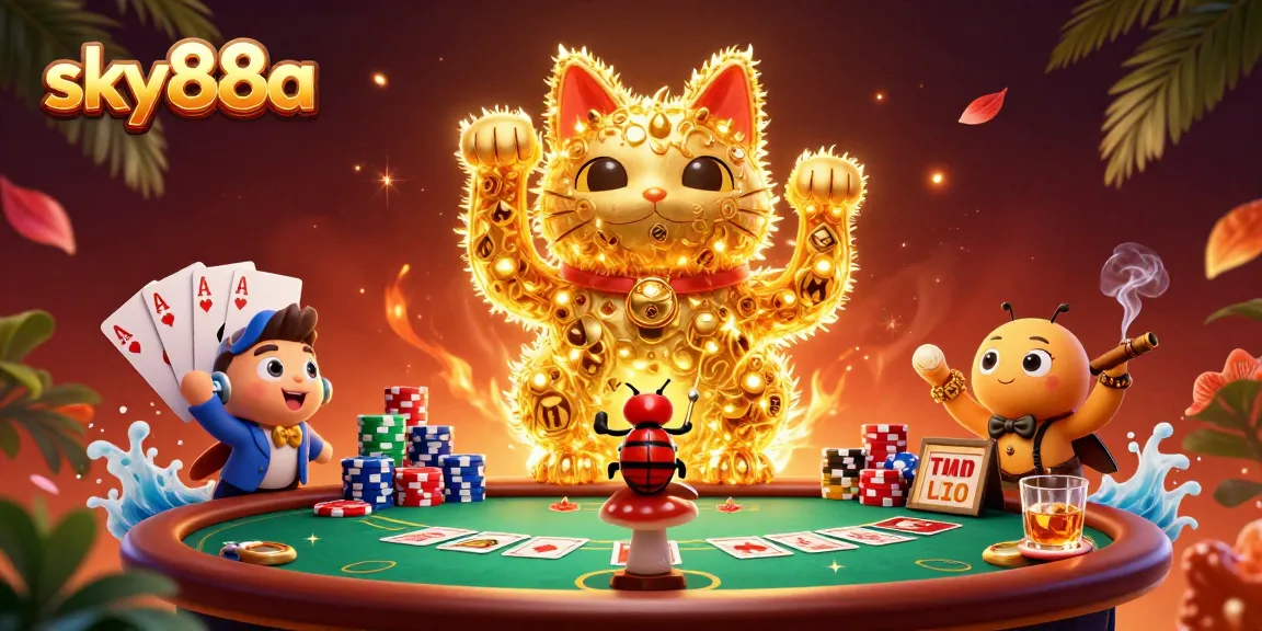 Enjoy gaming with sky88a's vibrant illustration of the lucky cat and casino elements.