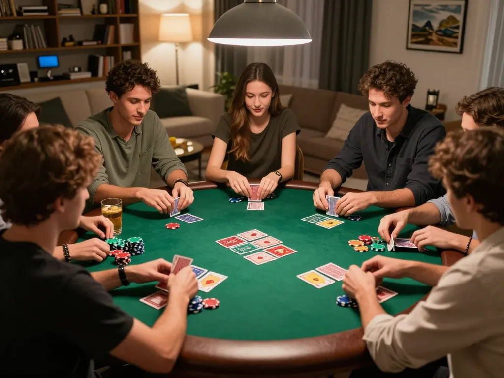 Friends enjoying a strategic poker game at home, capturing the essence of social gaming with rokok88.