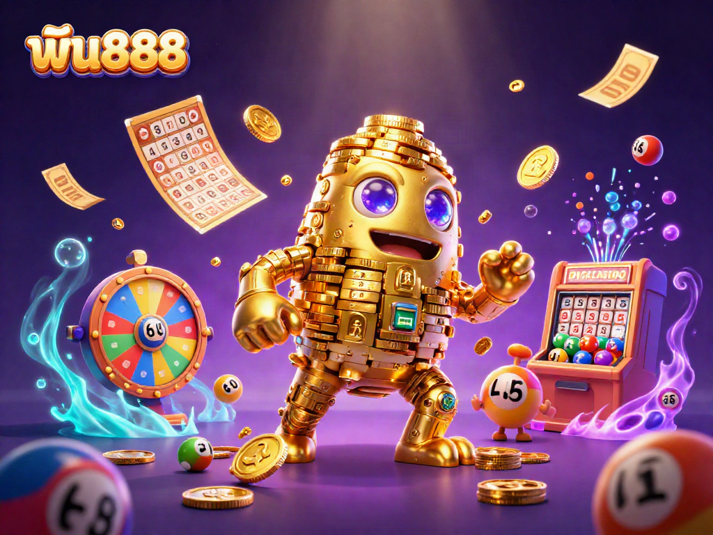 ฟัน888 features a golden golem surrounded by colorful gambling elements, enticing players to engage in fun.