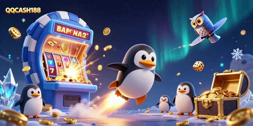 Experience QQCASH188's vibrant casino world with a golden penguin and dynamic game elements
