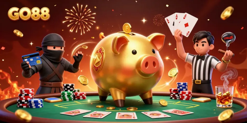 Experience GO88 with a golden piggy bank wrestler amidst vibrant poker action