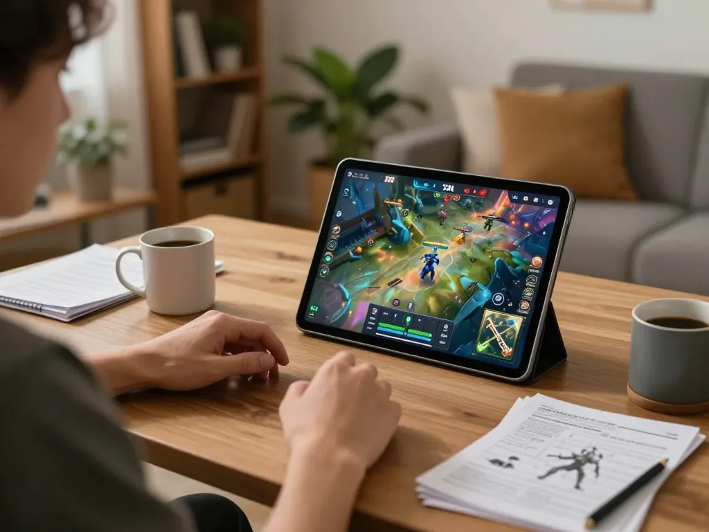 KADAL 778 gameplay on tablet in a cozy living room setting with warm light and gaming strategy notes