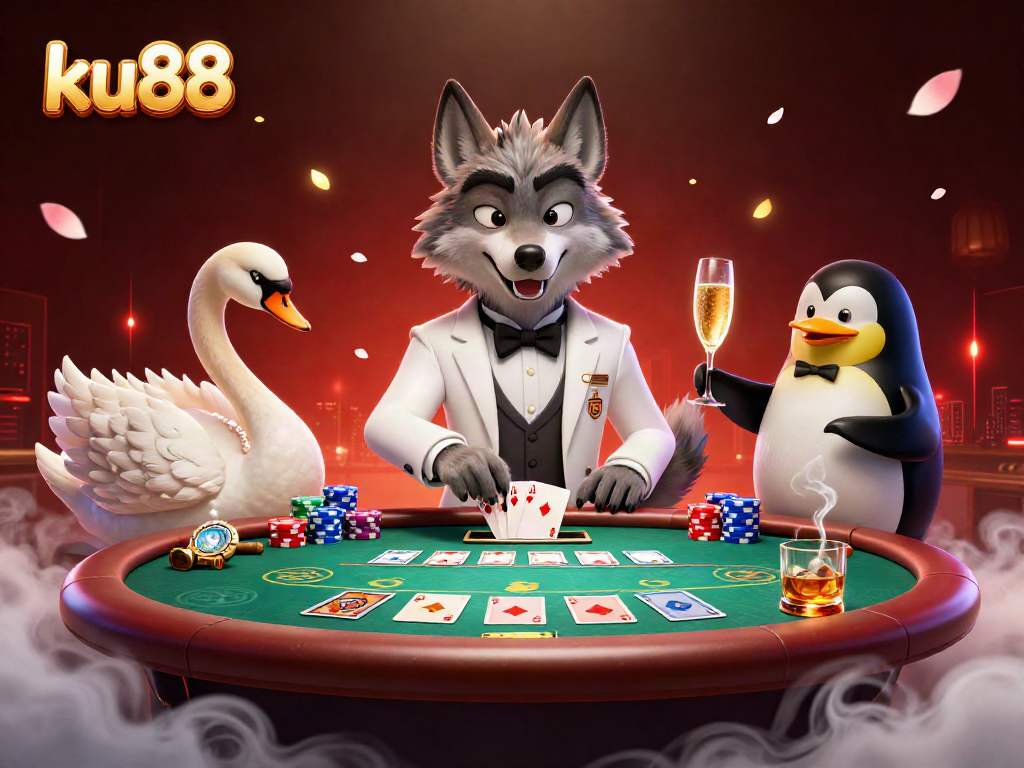 Experience thrilling gaming at ku88 with an animated baccarat scene featuring unique characters.