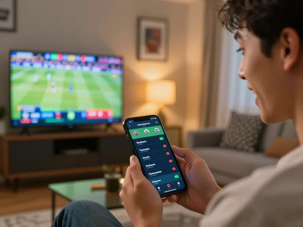 Bongdallu user engaging in live sports betting on mobile app in a modern living room.