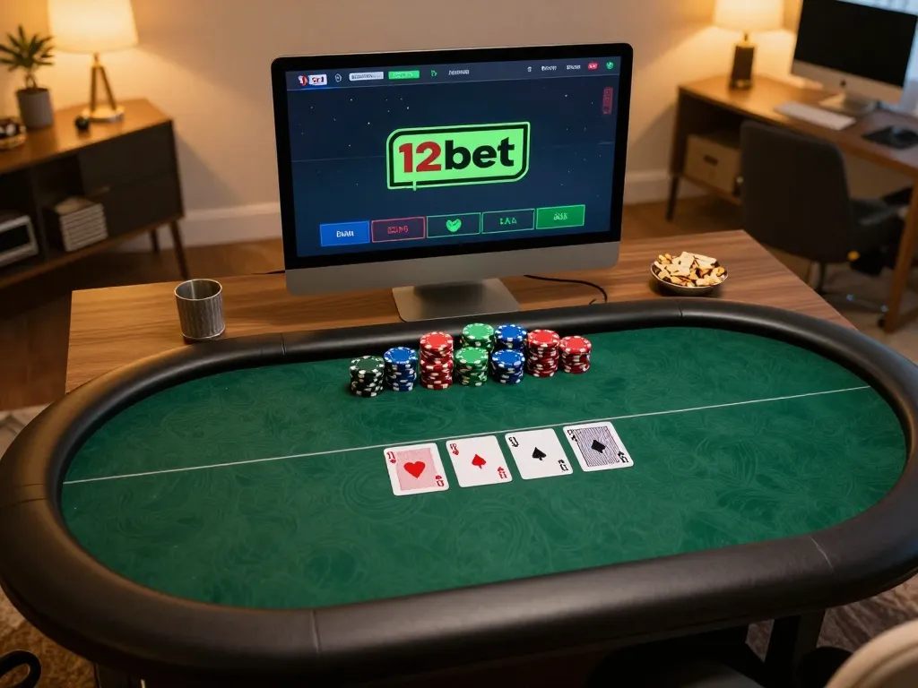 Thiết lập gameplay poker 12bet với một bàn poker trực tuyến hấp dẫn, có chip và bài.
