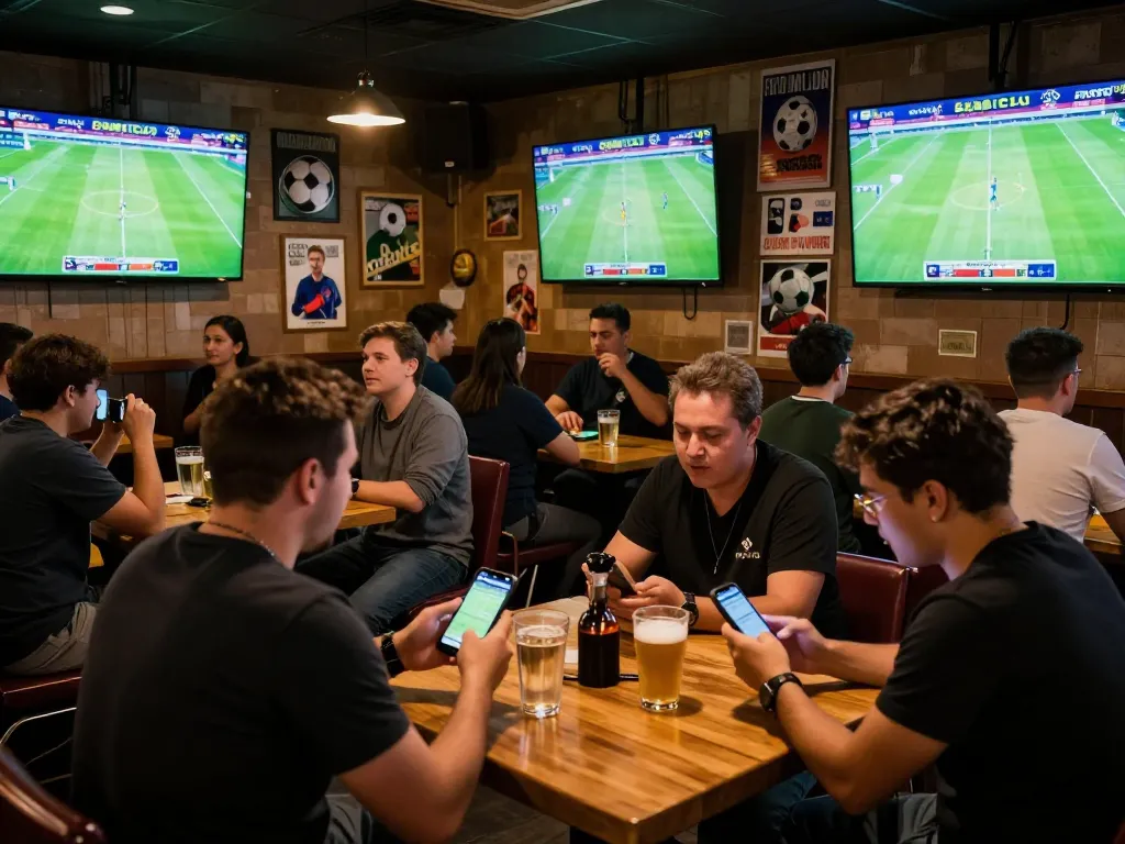 Engaged fans placing mobile bets on soccer picks in a lively sports bar atmosphere
