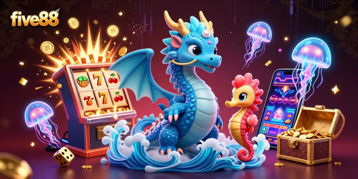 Experience the vibrant five88 casino world with a majestic water dragon amid jackpots and glowing jellyfish.