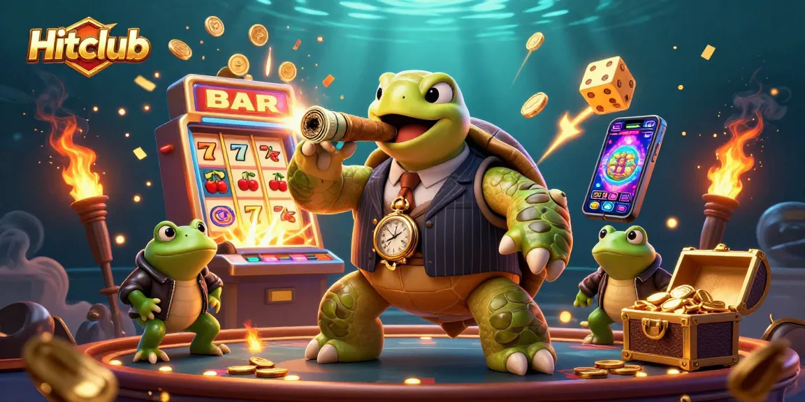 Hitclub showcases an exciting casino scene with a turtle mobster and slot machine jackpot bursts.