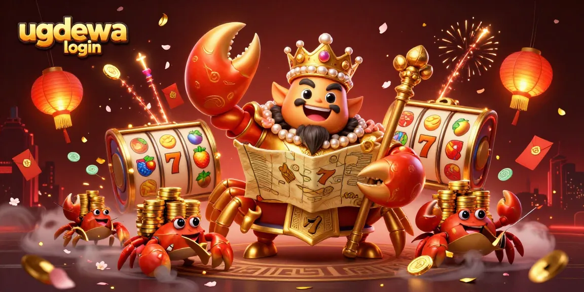 Experience the vibrant world of ugdewa login casino gaming with a regal golden crab emperor amidst slot reels and festive elements.