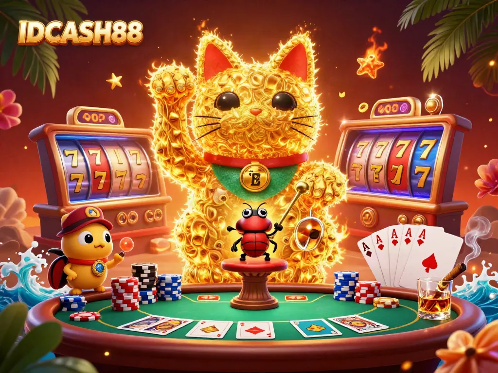 Experience thrilling gameplay with IDCASH88, featuring a giant lucky cat and vibrant casino symbols.
