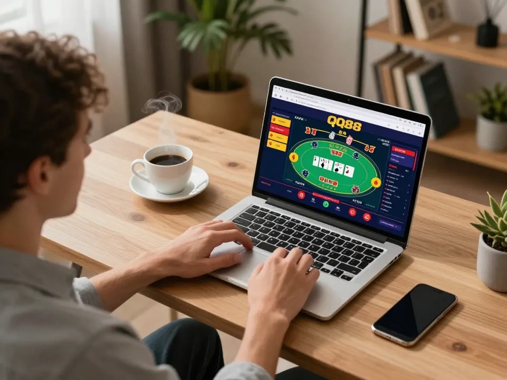 Person engaging in an online QQ88 poker game on a laptop, showcasing a cozy gaming space.