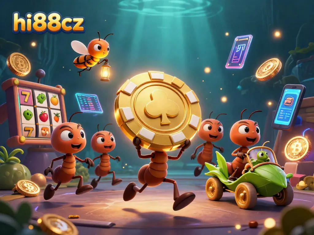 Ants pulling a golden poker chip in a heist, showcasing hi88cz's vibrant casino energy.