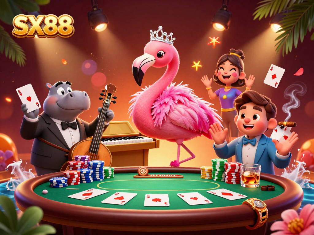 SX88 gaming experience showcasing a lively casino scene with vibrant characters, poker chips, and elegant elements.