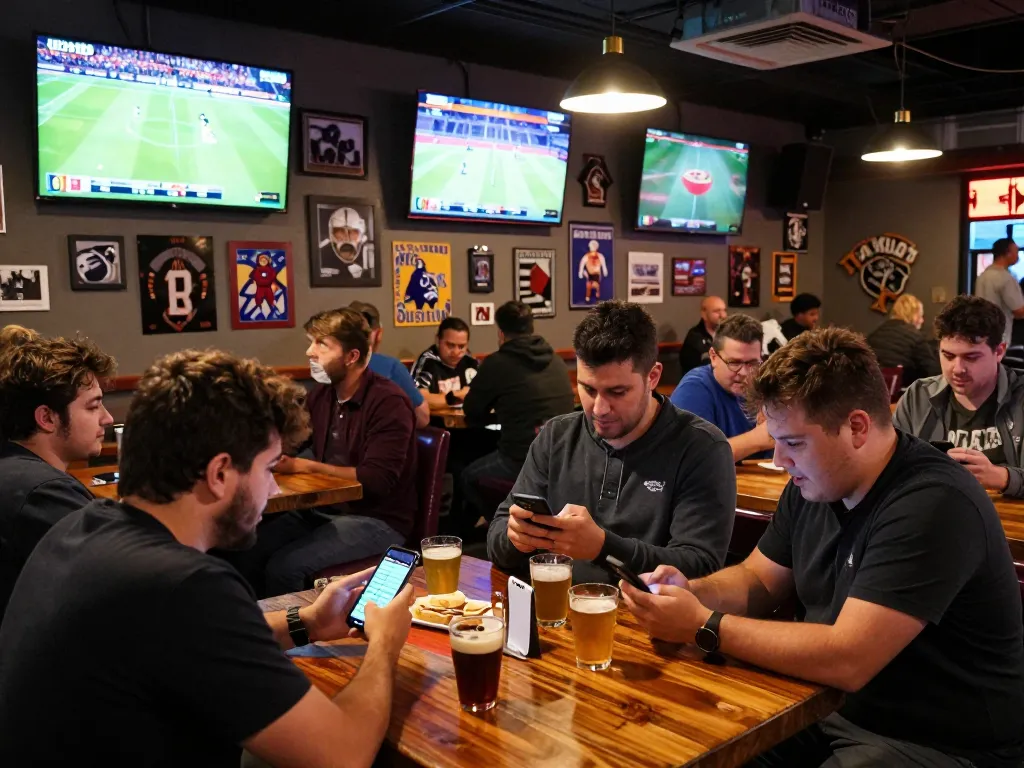 Engaged gamblers analyzing odds on smartphones at keobongda sports betting bar