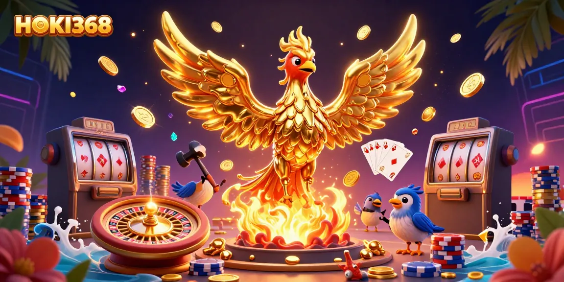 Experience thrilling wins with HOKI368 as a molten phoenix emerges with gold coins, highlighting digital gaming excitement.