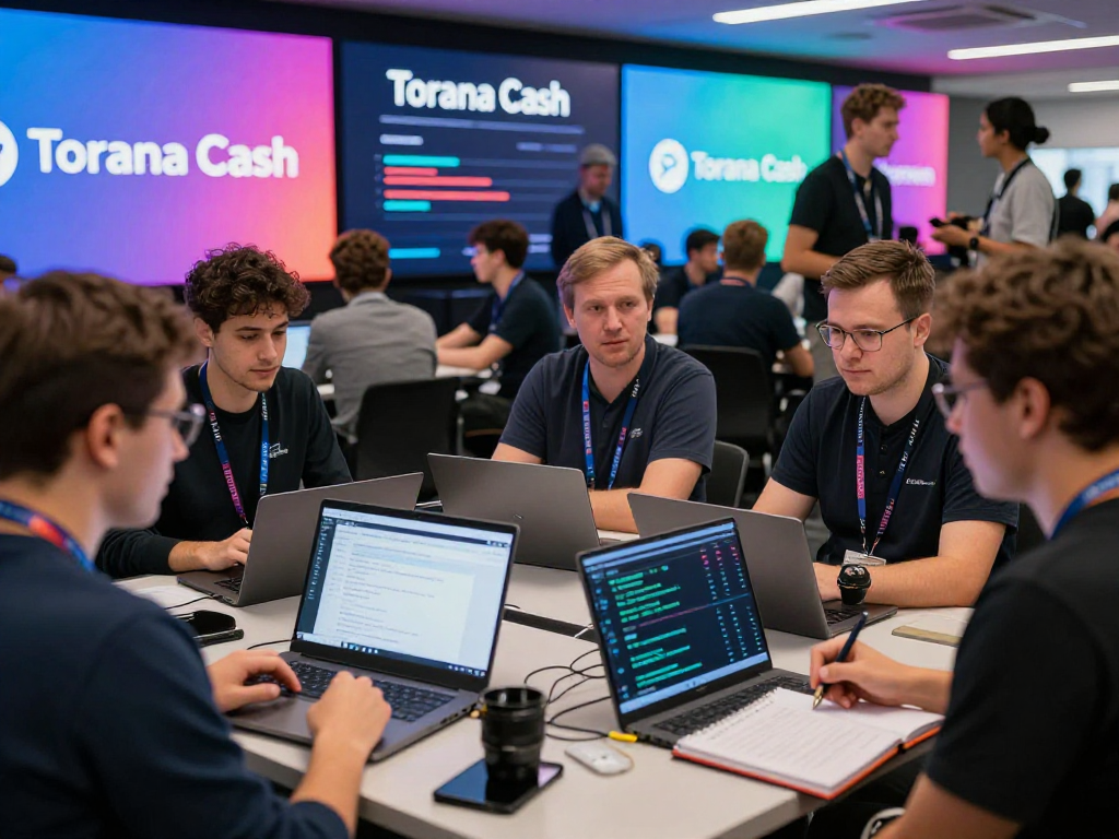 Tornado Cash discussions at a tech conference with enthusiasts analyzing blockchain privacy solutions, showcasing vibrant digital displays and engaging interactions.