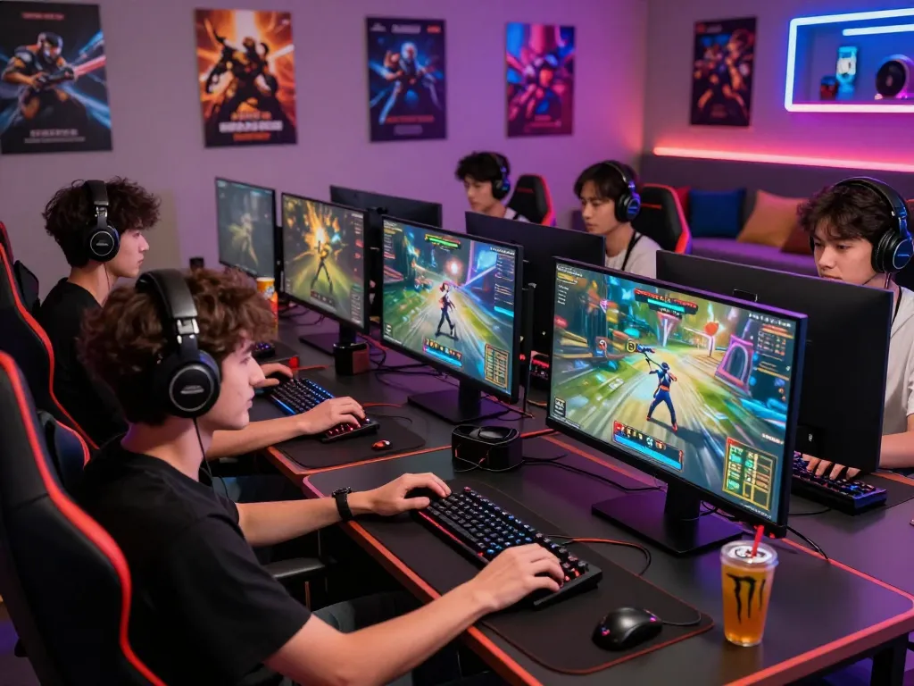 Exciting gaming scene featuring diverse players engaged in action at vegasslot77, showcasing vibrant graphics and gaming peripherals.