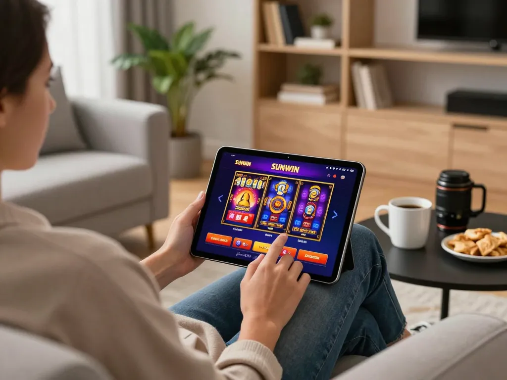 SUNWIN user engaging with vibrant gaming app on a tablet in a cozy home setting.