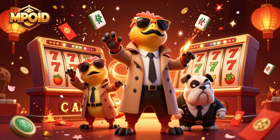 MPOID showcases a vibrant casino scene with raptors in a trench coat entering the VIP lounge, surrounded by festive elements.