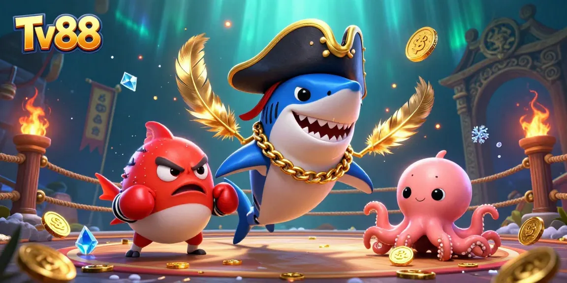 Engage in thrilling action with Tv88, featuring a pirate shark, a boxing pufferfish, and an octopus with coins.