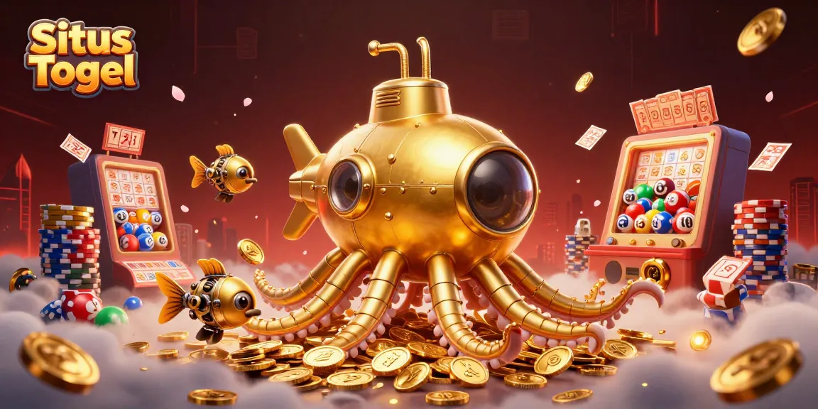 Situs Togel showcases a vibrant lottery scene with a kraken submarine, golden coins, and bingo cards.