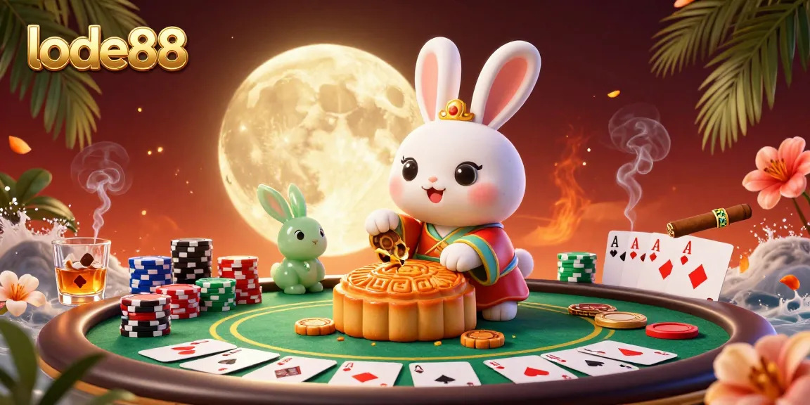 Engage with lode88 through a vibrant 3D illustration depicting a moon rabbit and poker elements.