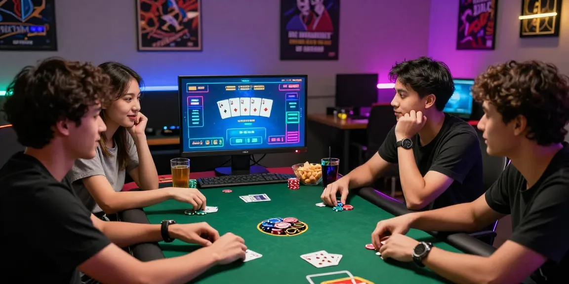Exciting scene of friends playing Game Poker Uang Asli Dominobet online, engaging with vibrant visuals, snacks, and a cozy gaming atmosphere.
