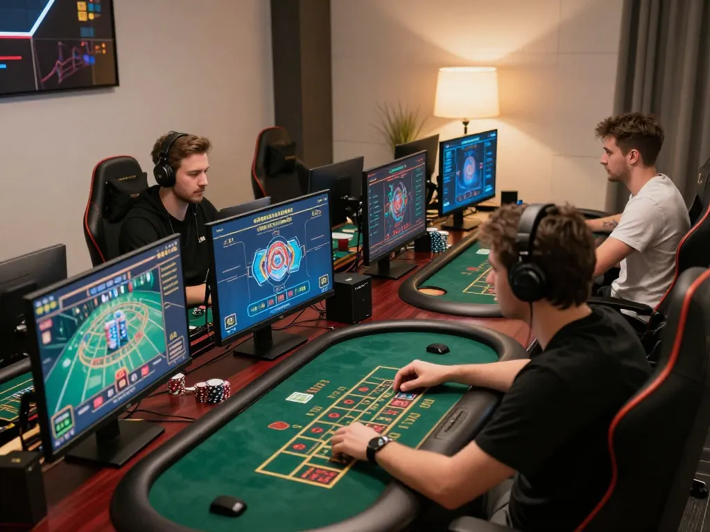 Agen Slot gameplay in a professional online gaming setup, showcasing strategic betting and focused competitors.