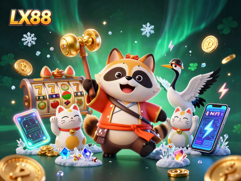 LX88 showcases a vibrant casino scene with a tanuki, crane, and fortune cats celebrating winning moments.