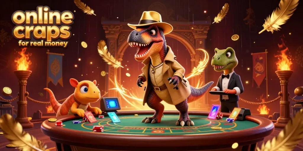 Engaging gameplay scene showcasing online craps for real money with a stealthy velociraptor at the table.