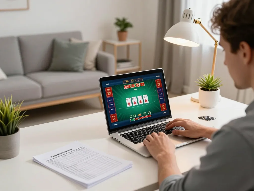 LGO GOAL online gaming session with a player engaging in poker at home, featuring modern decor and strategic notes