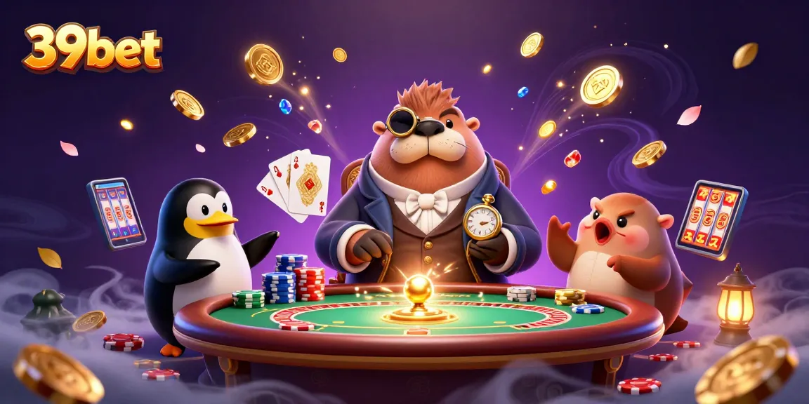 Cascade golden coins and sparkling stones while playing poker at 39bet with a walrus, penguin dealer, and pufferfish.