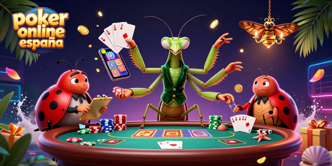 Disfruta del poker online España en una escena vibrante con un camaleón repartiendo cartas y fichas.
