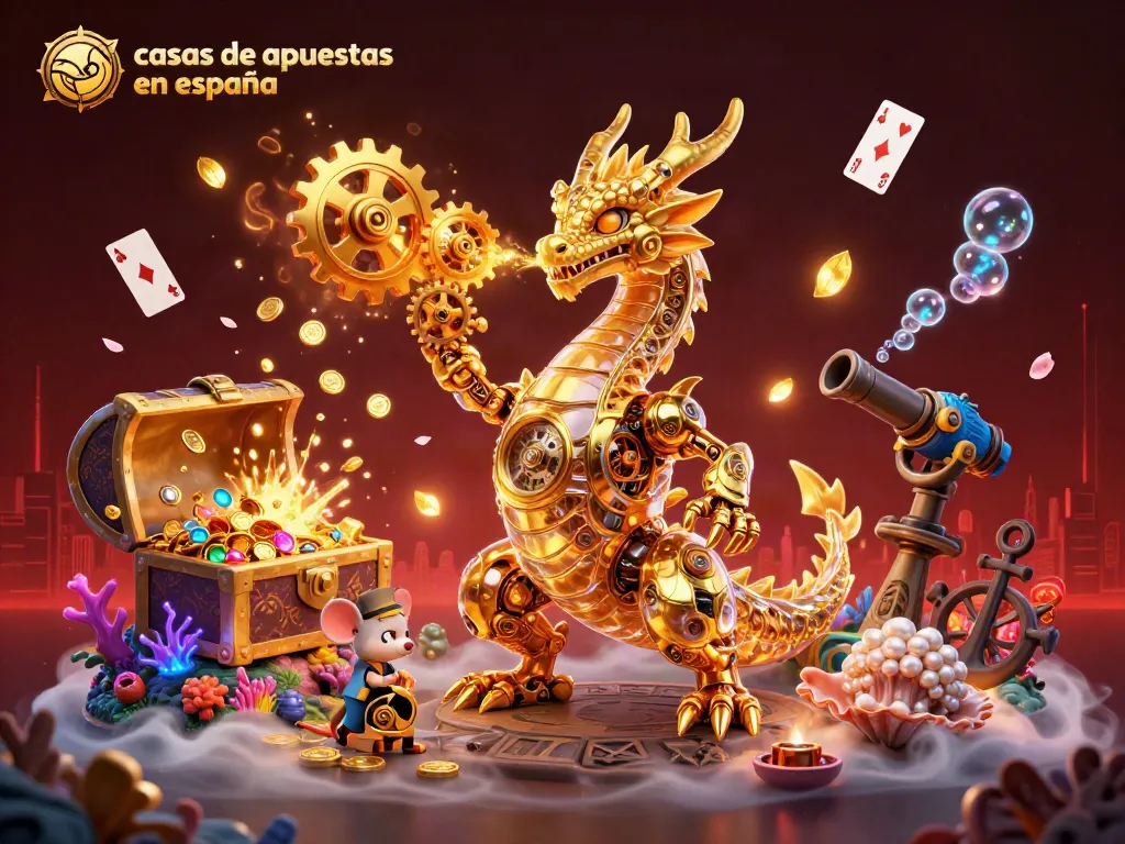 Explora las casas de apuestas en España con esta vibrante ilustración 3D llena de acción y elementos de juego.
