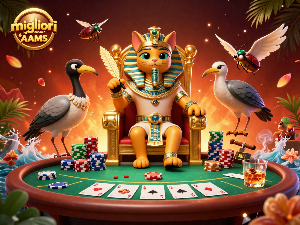 Illustrazione 3D di un gatto faraone con gli accessori del migliori casino non AAMS, circondato da elementi di poker.