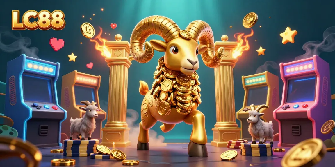 Engage with big wins at LC88, featuring vibrant 3D game elements in a dynamic illustration.