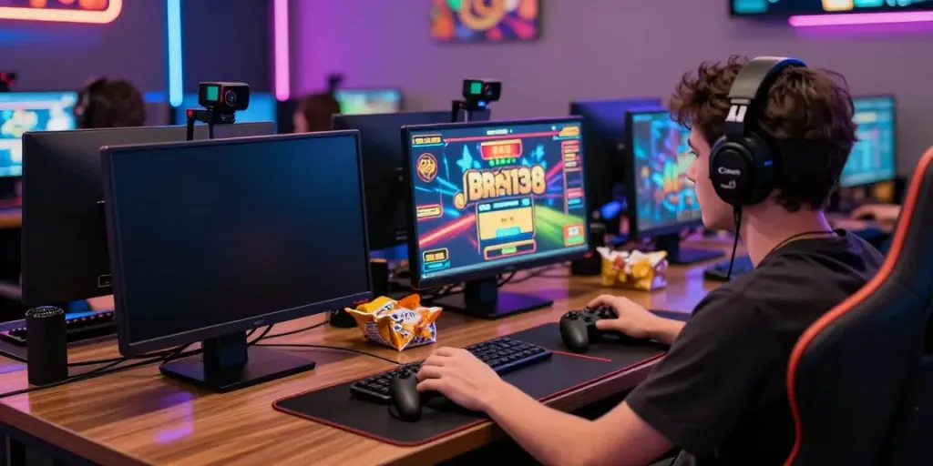 Engaged player at dynamic gaming hub using bro138 link for online slots.