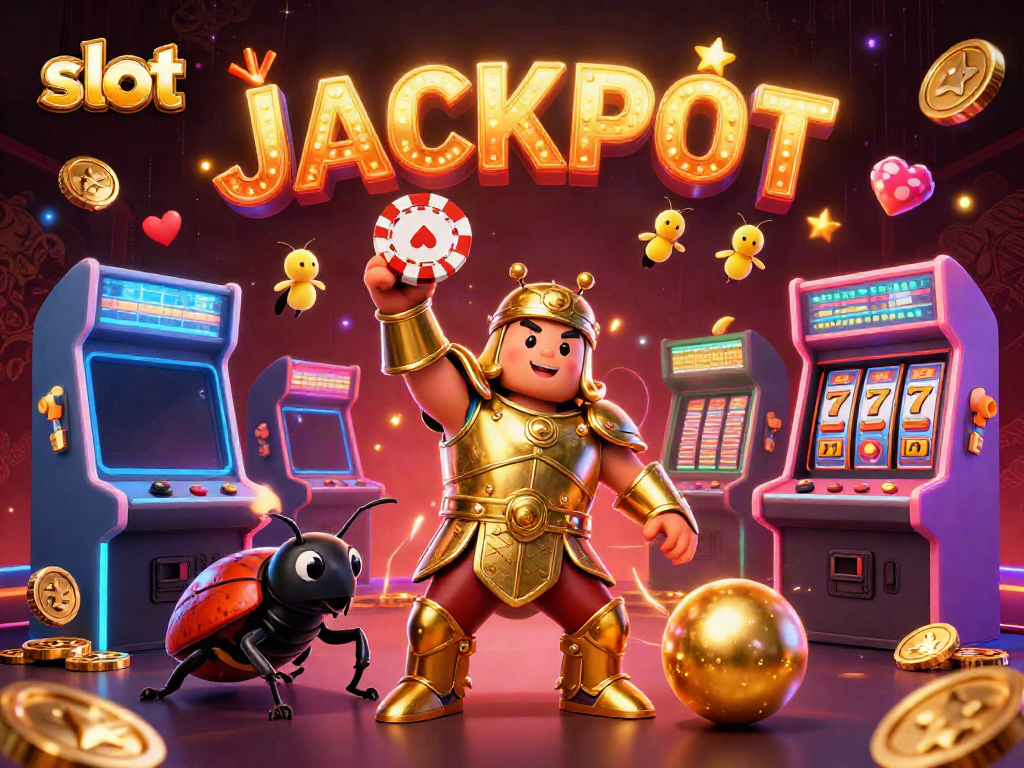 Engage in slot games with a victorious beetle character lifting a poker chip, surrounded by neon gaming elements.