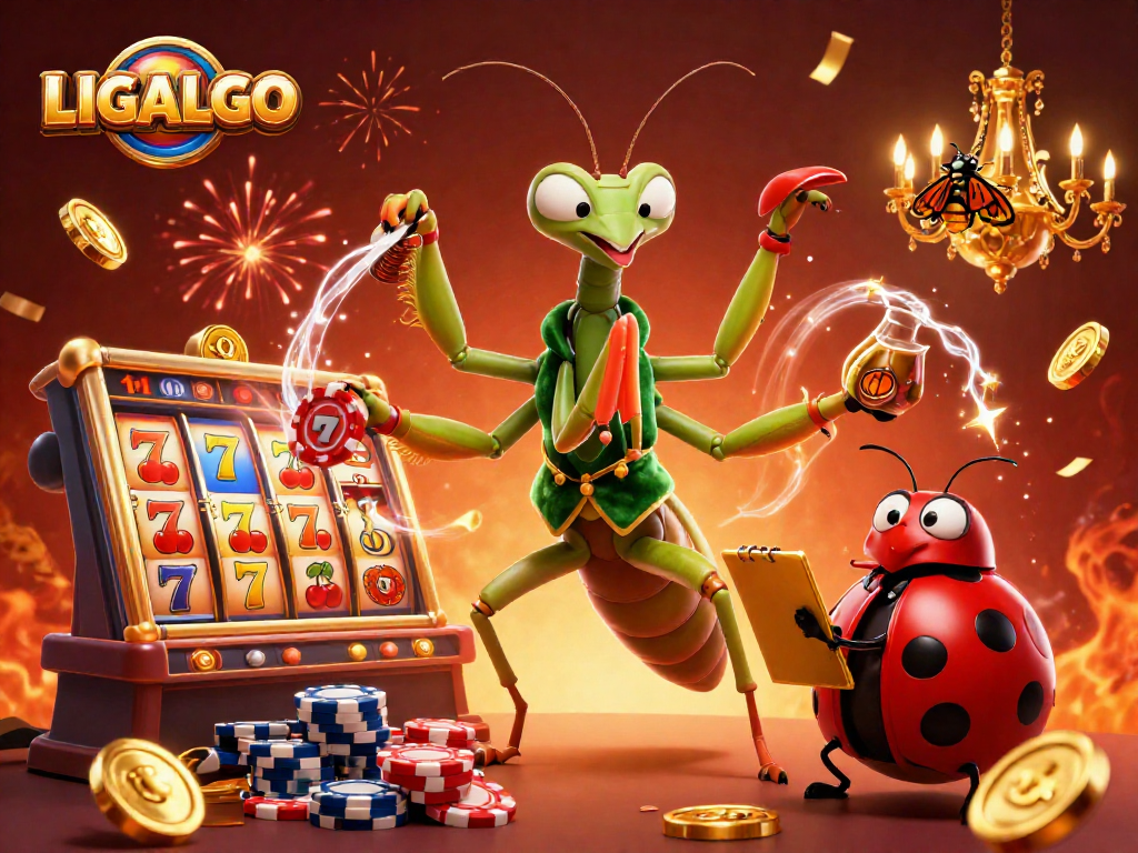 LIGALGO slots scene featuring a giant mantis card sharp dealing cards amidst flying coins and slots
