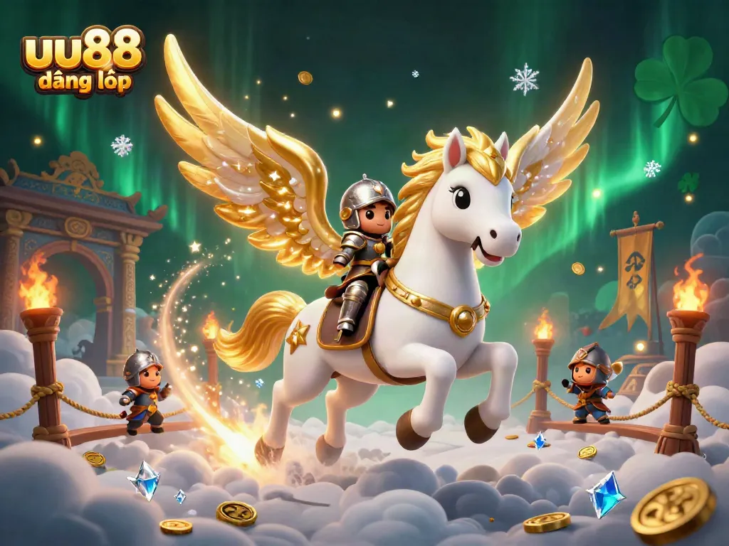 Engage with uu88 đăng nhập through this dynamic 3D illustration showcasing a celestial horse and knight amidst a vibrant casino atmosphere.