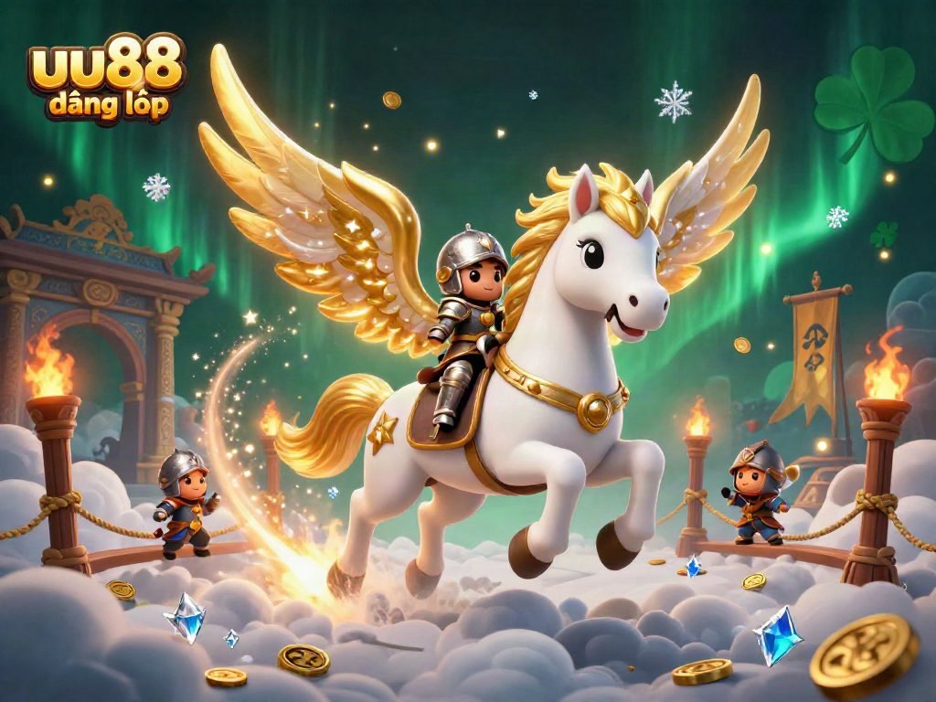 Engage with uu88 đăng nhập through this dynamic 3D illustration showcasing a celestial horse and knight amidst a vibrant casino atmosphere.