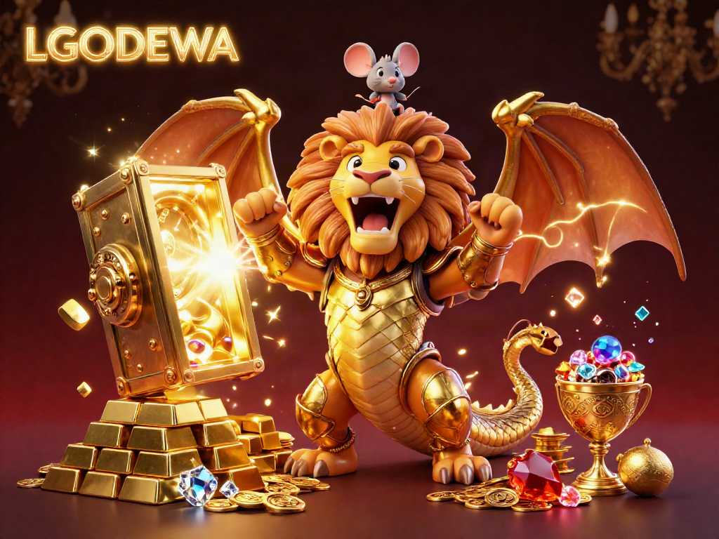 Experience thrilling wins at LGODEWA featuring a golden chimera, treasure vaults, and sparkling gems in a vibrant casino setting.